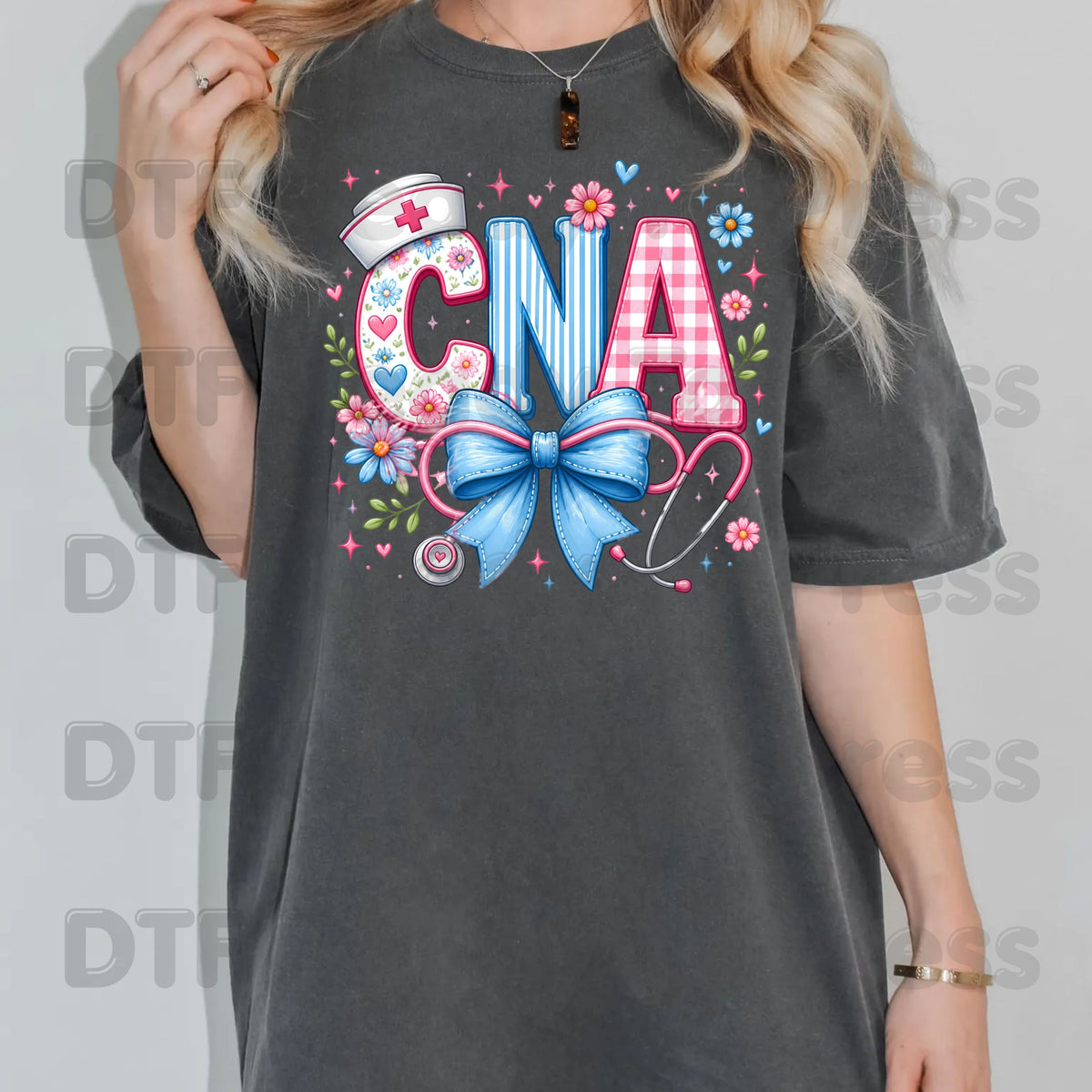 CNA Floral Bow DTF Transfers, Coquette Nurse Stethoscope Pink Blue Medical Graphic Ready to Press