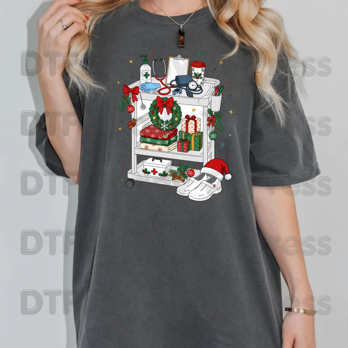Christmas Nurse Cart DTF Transfers, Holiday Medical Wreath Stethoscope Graphic Ready to Press