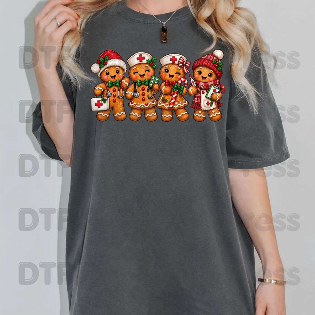 Christmas Gingerbread Nurse Team DTF Transfers, Medical Nursing Stethoscope Holiday Ready to Press