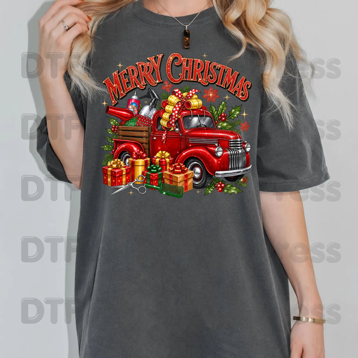 Merry Christmas Red Truck DTF Transfers, Holiday Hair Stylist Salon Presents Graphic Ready to Press