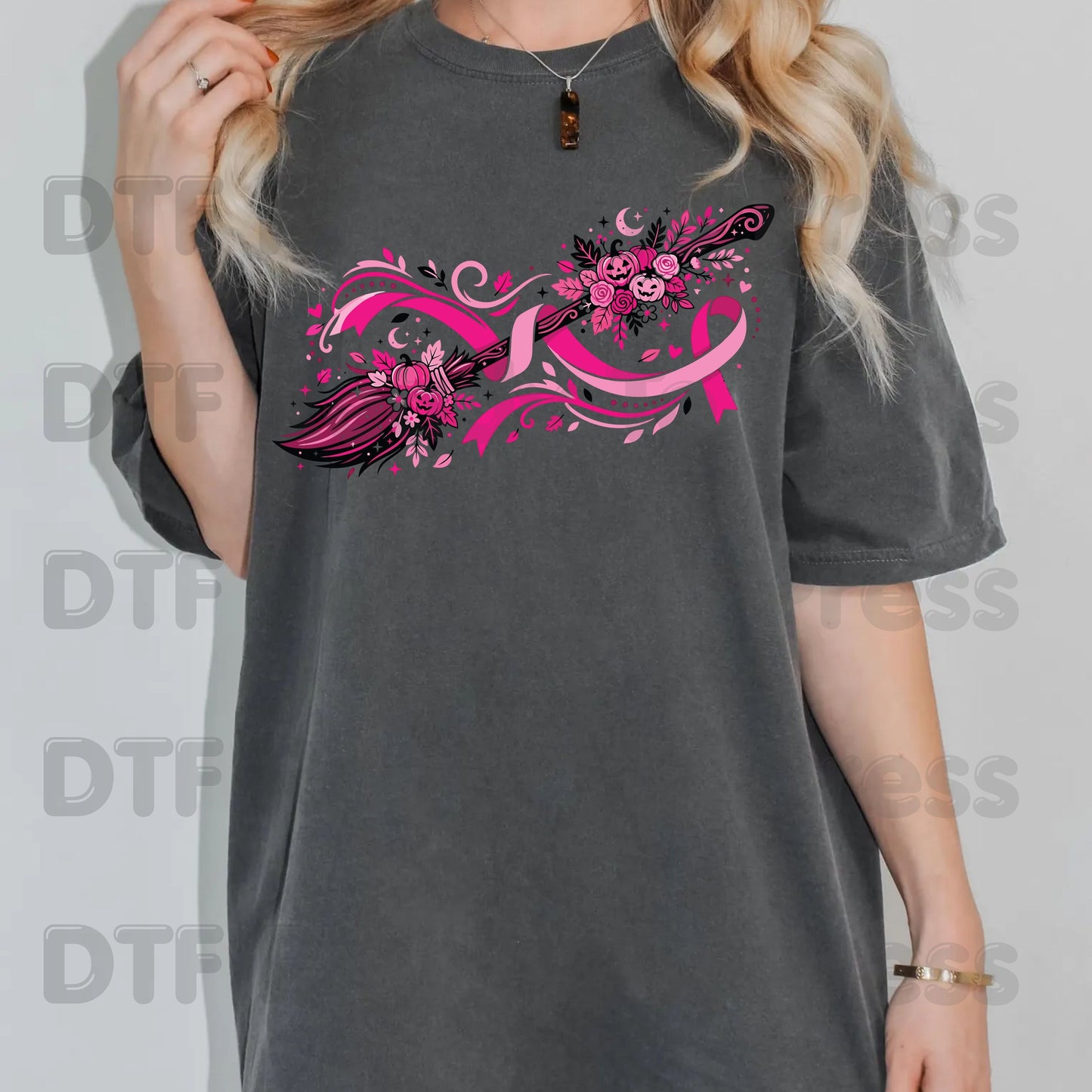 Pink Witch Broom Pumpkin Ribbon Breast Cancer Awareness DTF Transfer Ready to Press Heat Transfer Tee