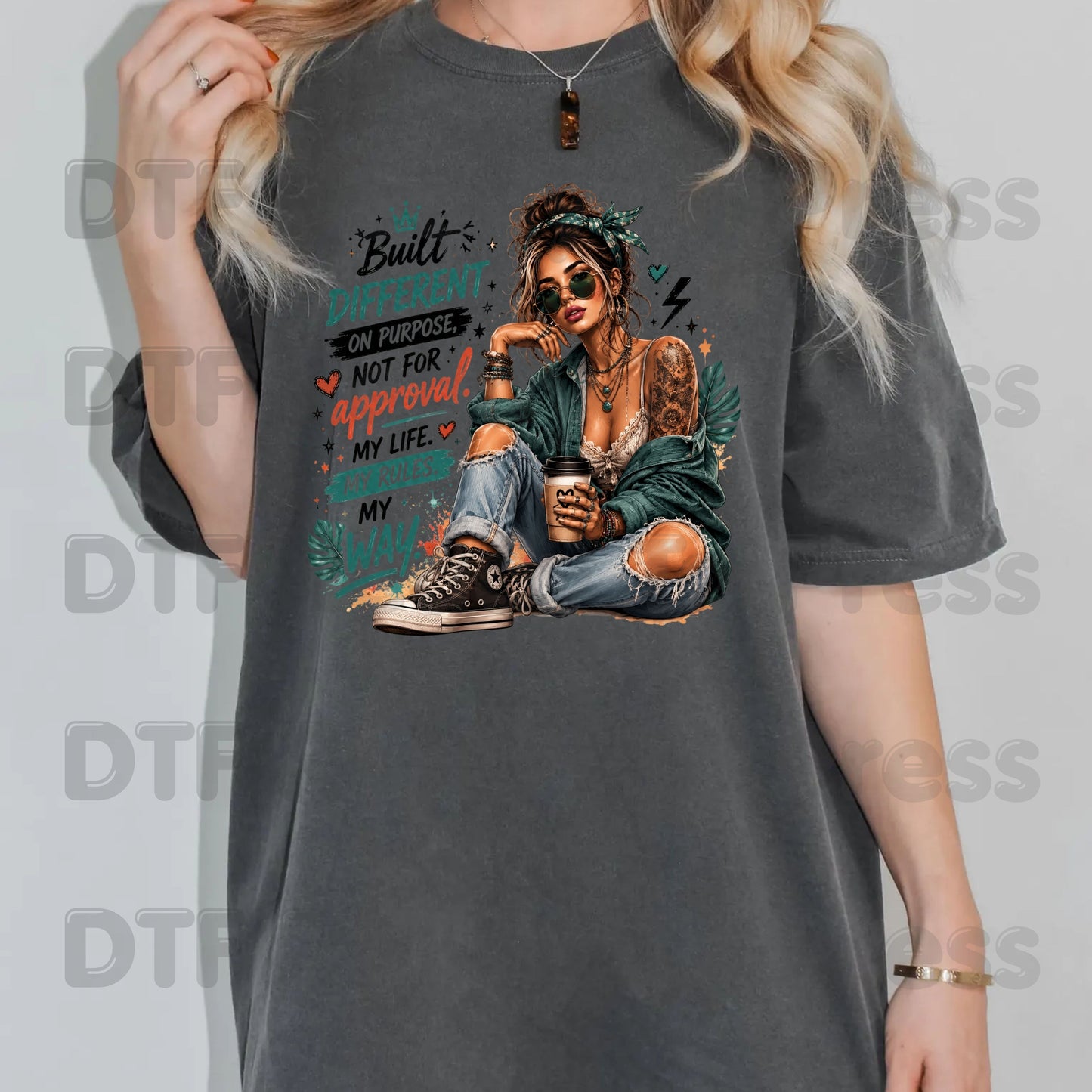 Built Different On Purpose DTF Transfers, Tattooed Girl Coffee My Life My Rules Ready to Press