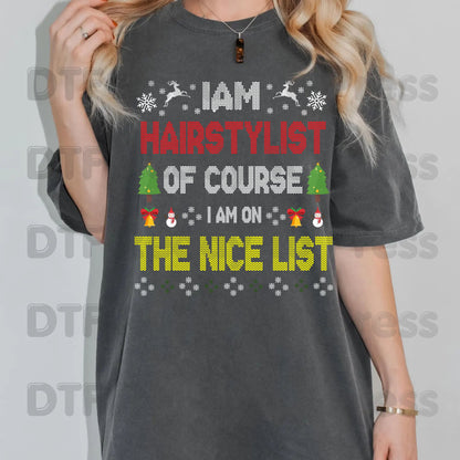 Christmas Hairstylist DTF Transfers, On the Nice List Salon Tree Sweater Holiday Ready to Press