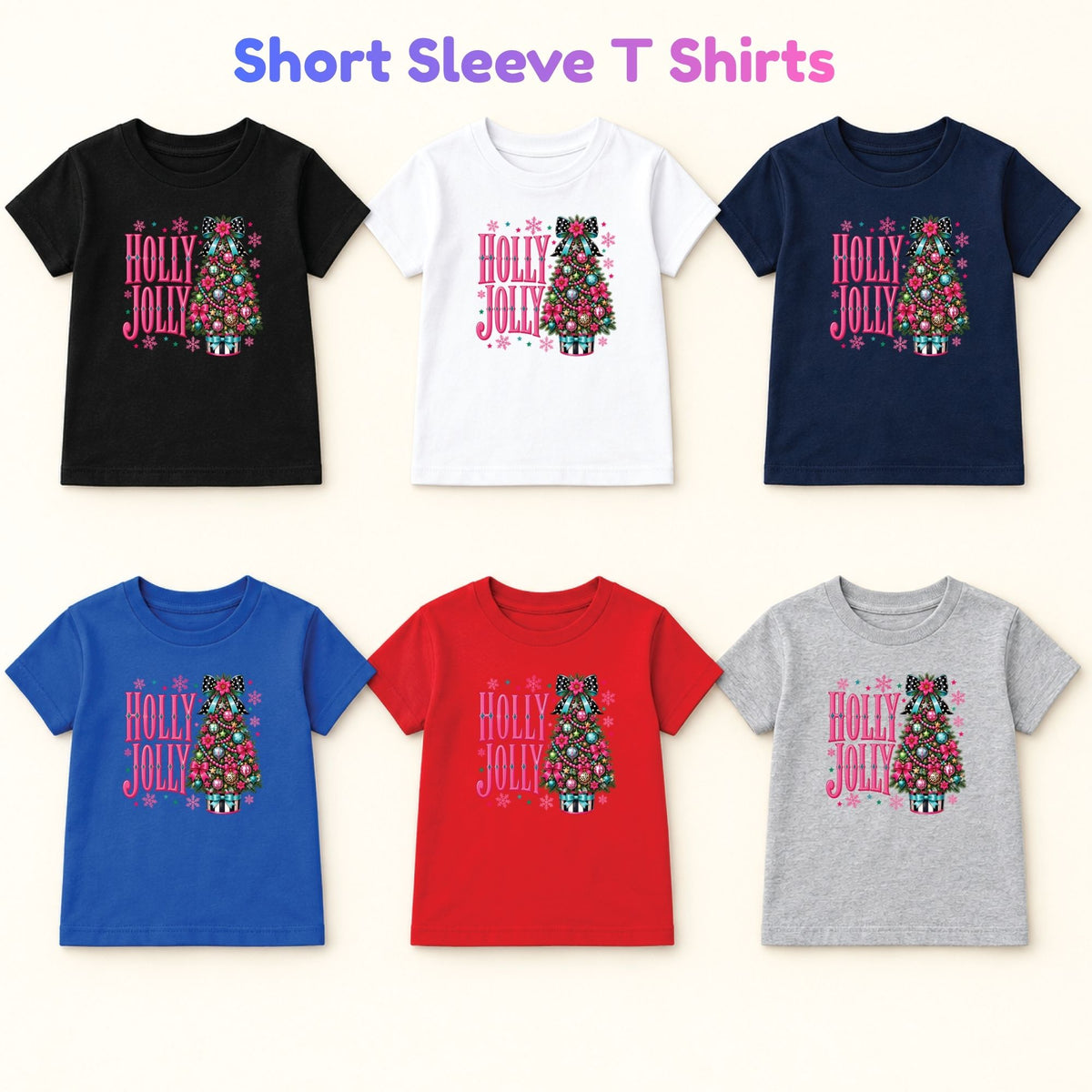 Pink Christmas Tree T-Shirt, Holly Jolly Bow and Snowflake Graphic Tee, Cute Holiday Shirt