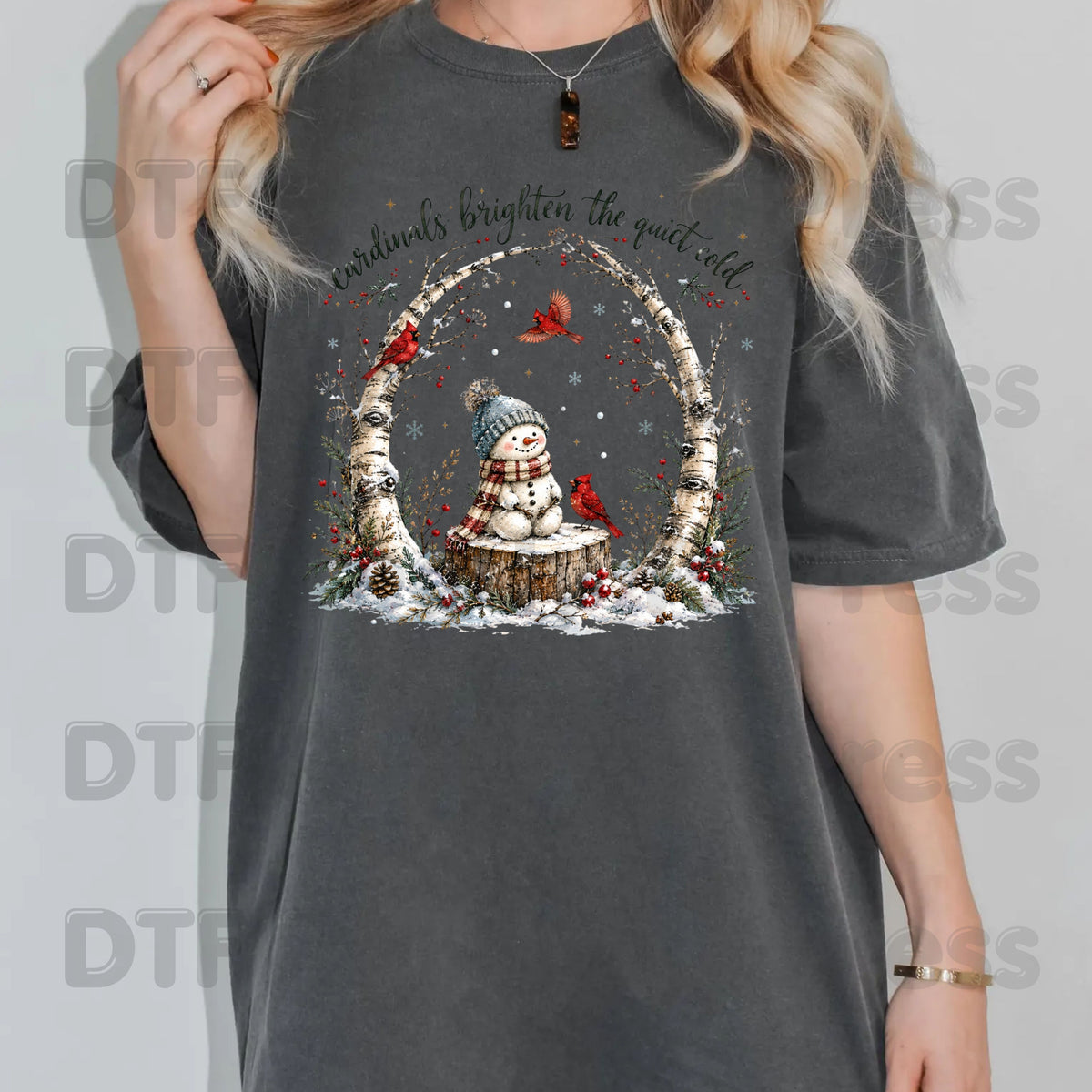 Winter DTF Transfers, Cardinals Snowman Brighten Quiet Cold Christmas Ready to Press