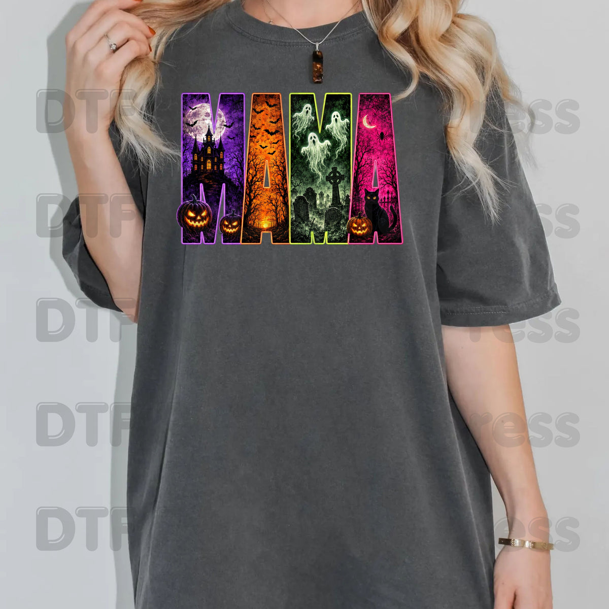 Halloween Mama DTF Transfers, Neon Haunted House Ghost Pumpkin Spooky Ready to Press