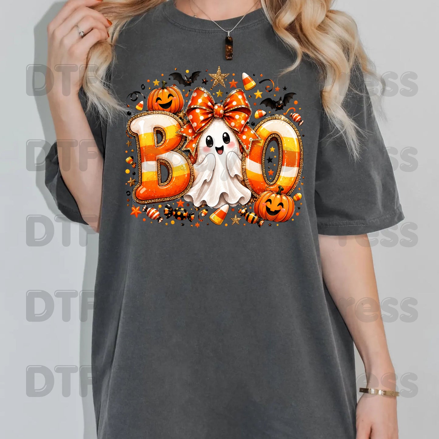 Halloween DTF Transfers, Boo Ghost Orange Bow Candy Corn Pumpkin Spooky Season Ready to Press