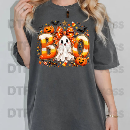 Halloween DTF Transfers, Boo Ghost Orange Bow Candy Corn Pumpkin Spooky Season Ready to Press