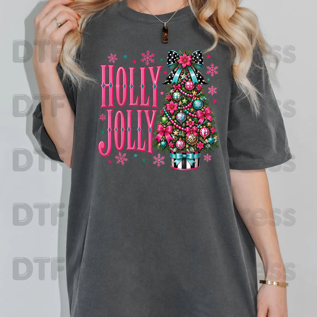 Christmas DTF Transfer, Holly Jolly Pink Christmas Tree, Bow and Snowflakes