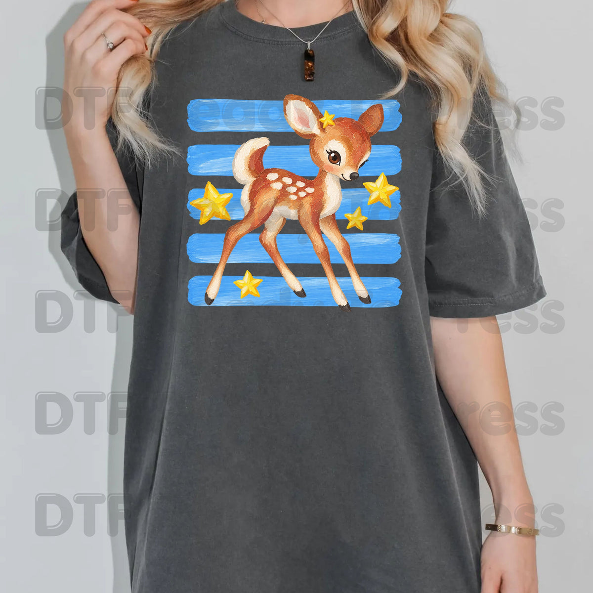 Vintage Baby Deer DTF Transfers, Fawn Stars Blue Stripes Cute Christmas Holiday Ready to Press