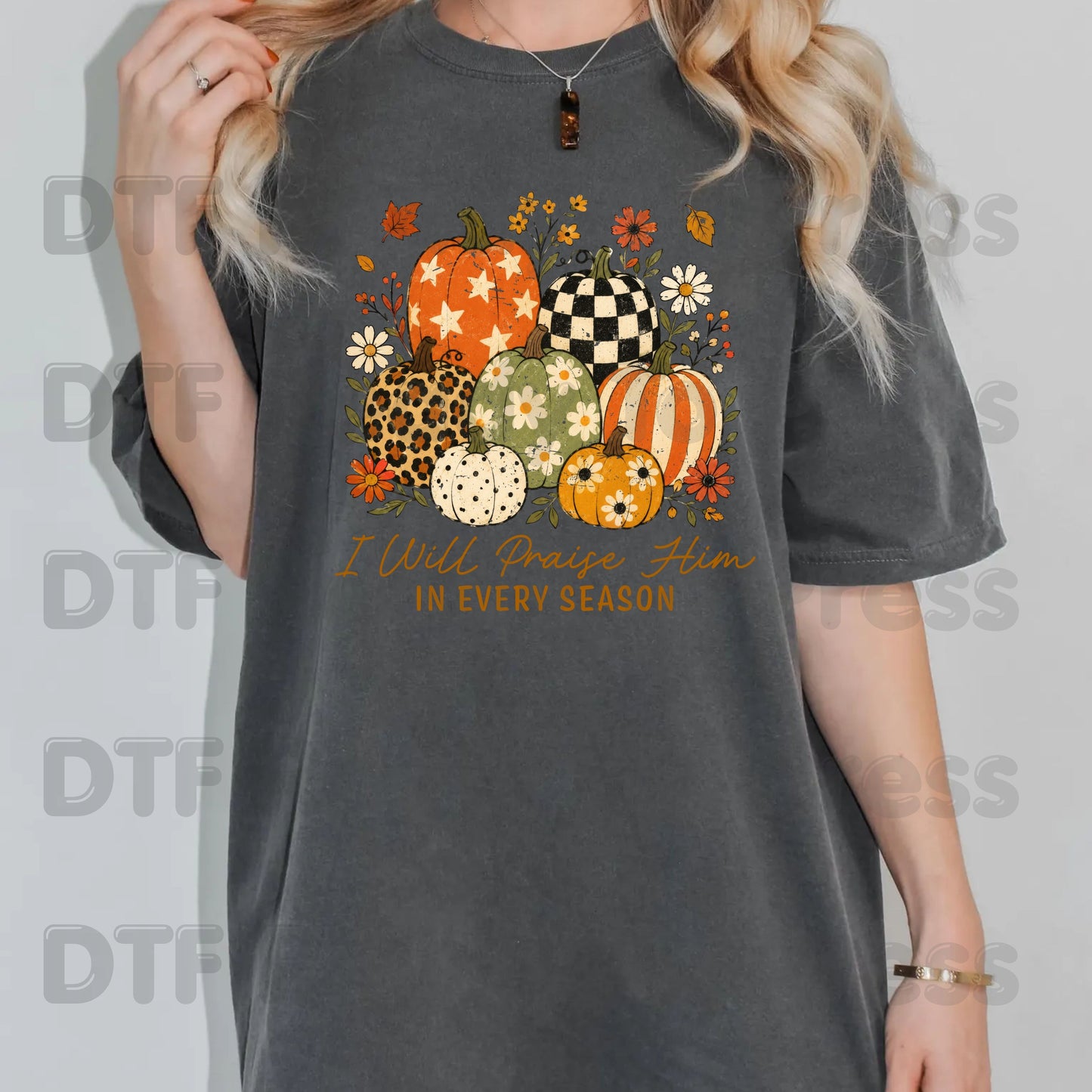 Halloween I Will Praise Him In Every Season DTF Transfer Ready to Press Fall Pumpkin Heat Transfer For Shirts Floral Leopard Retro Print