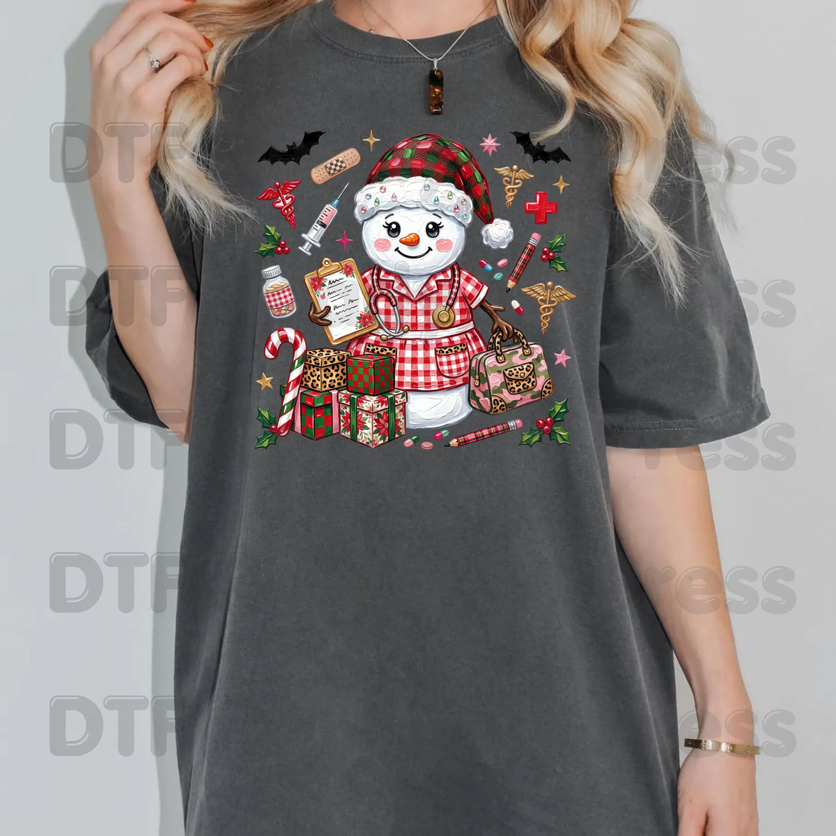 Christmas Nurse Snowman DTF Transfers, Medical Holiday Stethoscope Graphic Ready to Press