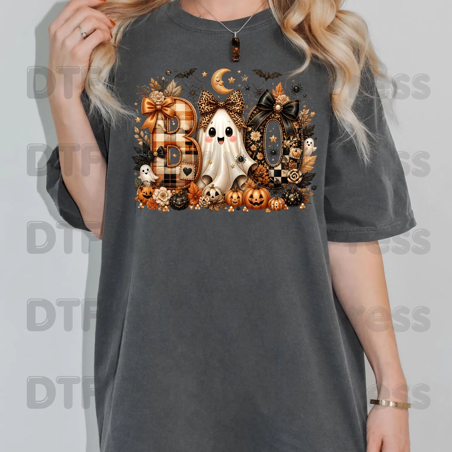 Halloween Boo Ghost DTF Transfers, Cute Bows Orange Plaid Leopard Spooky Season Ready to Press