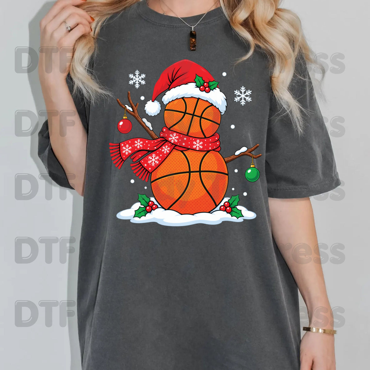 Christmas DTF Transfer, Basketball Snowman with Santa Hat and Scarf Graphic