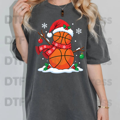 Christmas DTF Transfer, Basketball Snowman with Santa Hat and Scarf Graphic