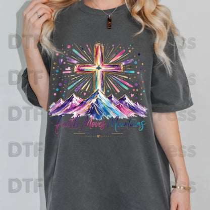 Faith Moves Mountains Religious DTF Transfer Ready to Press Christian Heat Transfer for Shirts Colorful Mountains Cross Matthew 17:20 Tee