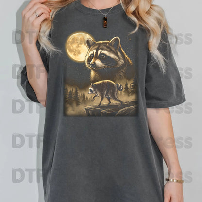 Vintage Raccoon Full Moon DTF Transfers, Forest Wildlife Trash Panda Outdoor Ready to Press