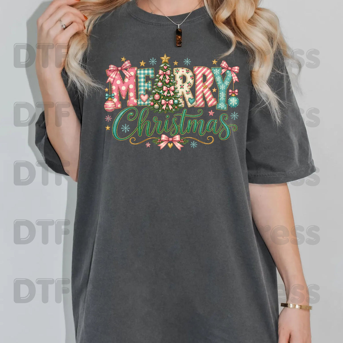 Christmas DTF Transfer, Merry Christmas Tree with Pastel Pink Bows