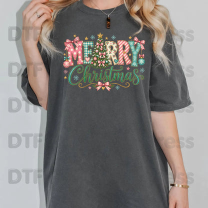 Christmas DTF Transfer, Merry Christmas Tree with Pastel Pink Bows