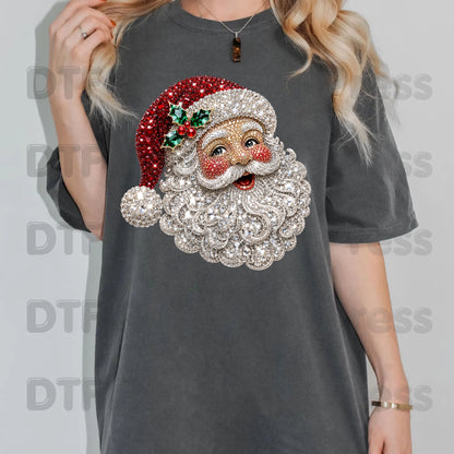 Christmas Santa Claus DTF Transfers, Vintage Bejeweled Rhinestone Santa Head Festive Holiday Ready to Press