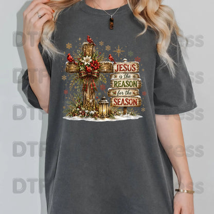 Jesus Is the Reason Christmas DTF Transfers, Cross Red Cardinals Christian Holiday Ready to Press