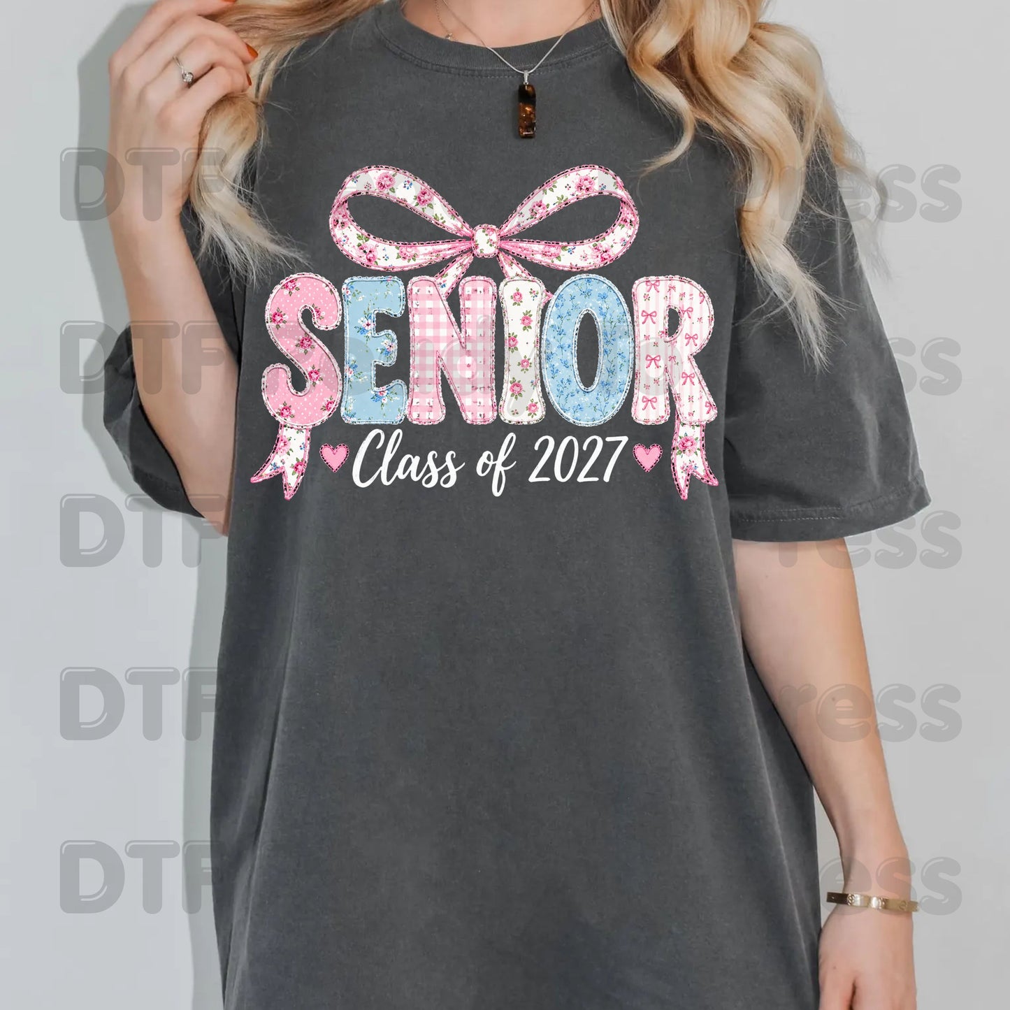 Senior Class of 2027 DTF Transfers, Coquette Ribbon Bow Floral Patchwork Senior Year Ready to Press