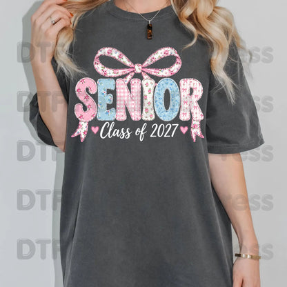 Senior Class of 2027 DTF Transfers, Coquette Ribbon Bow Floral Patchwork Senior Year Ready to Press