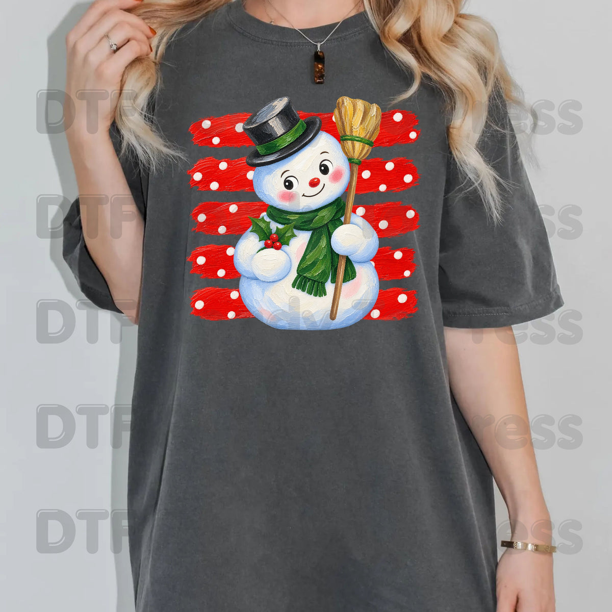 Vintage Snowman DTF Transfers, Top Hat Broom Red Polka Dot Christmas Holiday Ready to Press
