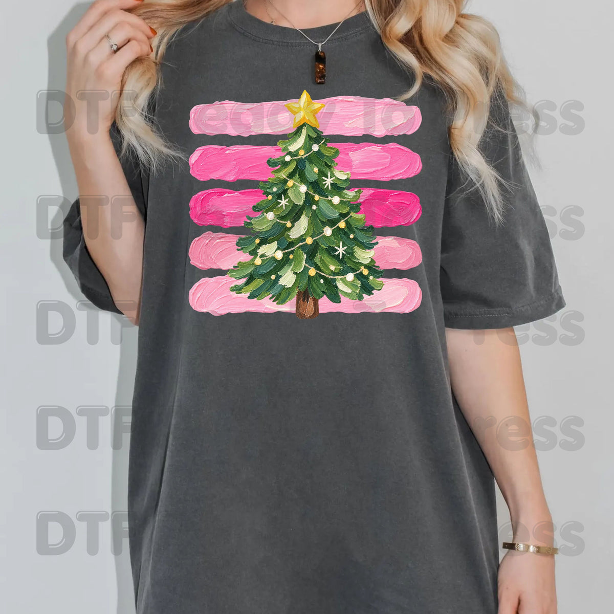 Christmas Tree DTF Transfers, Pink Brush Stripes Background Holiday Ready to Press