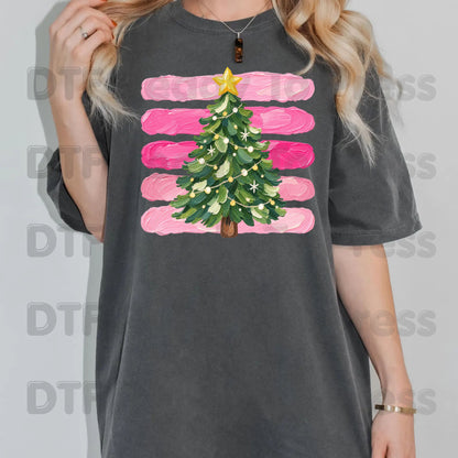 Christmas Tree DTF Transfers, Pink Brush Stripes Background Holiday Ready to Press