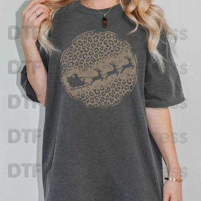 Christmas DTF Transfer, Santa Sleigh and Reindeer, Leopard Print Circle Graphic