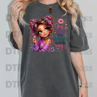 Joy Shines Laughter DTF Transfers, Cute Space Buns Girl Floral Quote Ready to Press