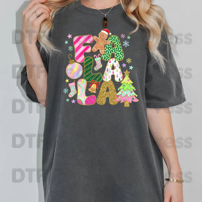 Fa La La Gingerbread Christmas DTF Transfers, Colorful Pink Christmas Tree Holiday Ready to Press