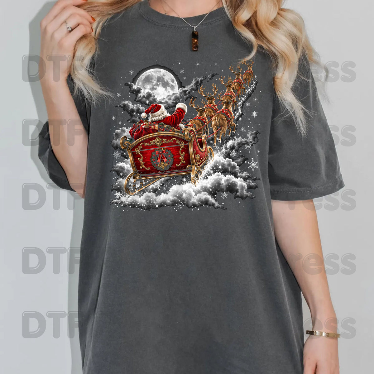 Santa Sleigh DTF Transfers, Flying Night Full Moon Vintage Reindeer Christmas Ready to Press