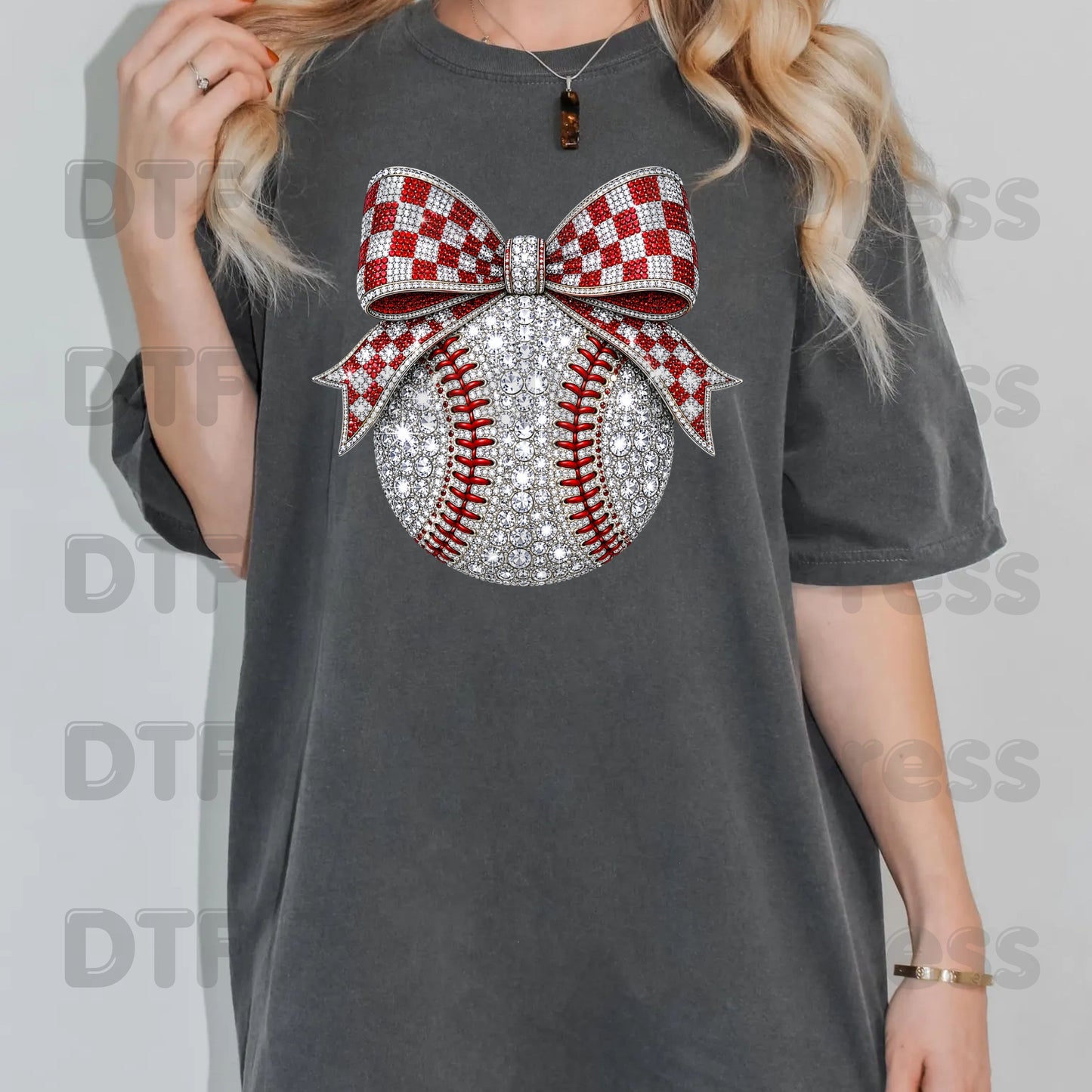 Coquette Baseball DTF Transfers, Sparkle Baseball Red Checkered Bow Sports Mom Girl Ready to Press