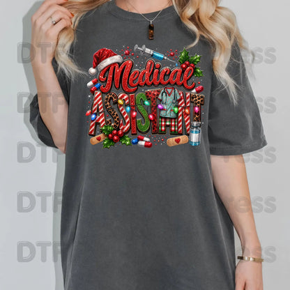 Christmas Medical Assistant DTF Transfers, Healthcare Scrubs Syringe Holiday Ready to Press