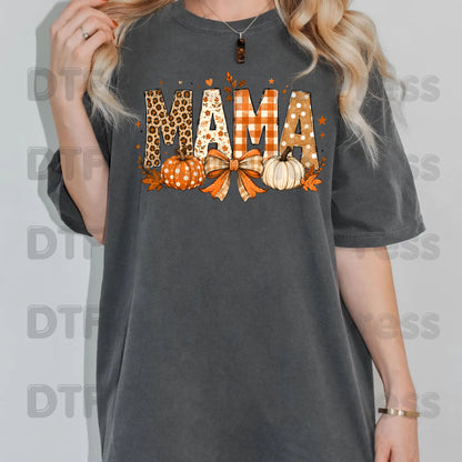 Fall Mama Pumpkin DTF Transfers, Leopard Plaid Varsity Letters Autumn Leaves Bow Thanksgiving Mom
