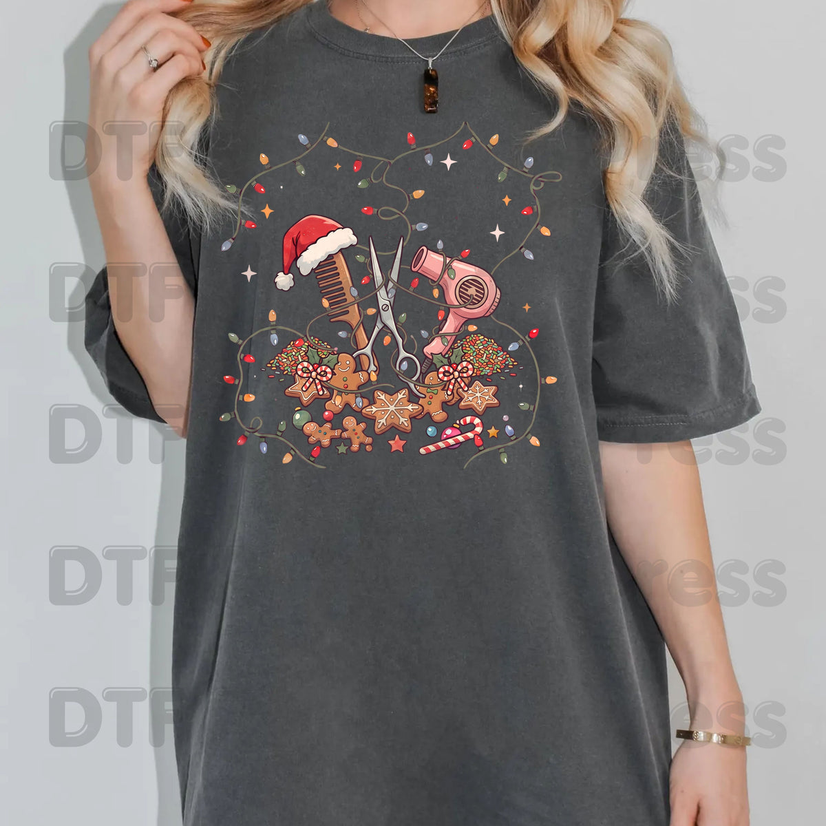 Christmas Hairstylist Gingerbread DTF Transfers, Salon Scissors Dryer Holiday Lights Ready to Press