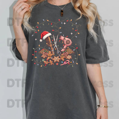 Christmas Hairstylist Gingerbread DTF Transfers, Salon Scissors Dryer Holiday Lights Ready to Press