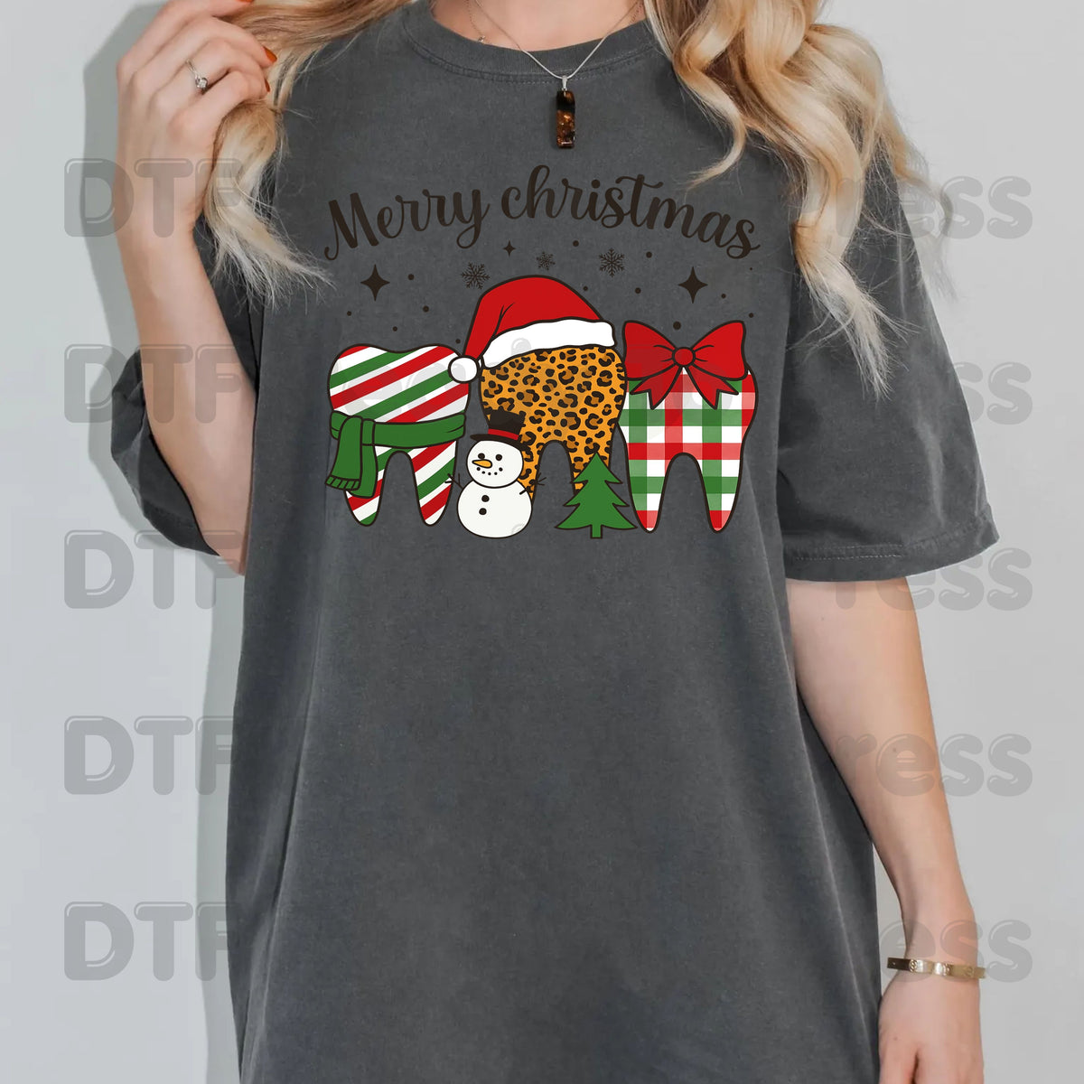 Merry Christmas Dental Teeth DTF Transfers, Dentist Holiday Leopard Plaid Dental Ready to Press