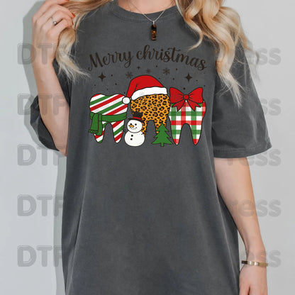 Merry Christmas Dental Teeth DTF Transfers, Dentist Holiday Leopard Plaid Dental Ready to Press