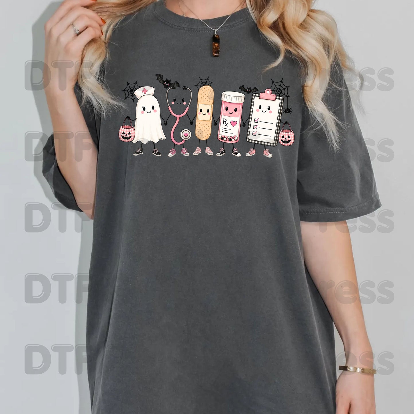 Pink Spooky Nurse Squad DTF Transfers, Halloween Ghost Stethoscope Medical Bandage Ready to Press