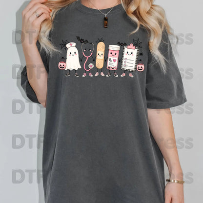 Pink Spooky Nurse Squad DTF Transfers, Halloween Ghost Stethoscope Medical Bandage Ready to Press