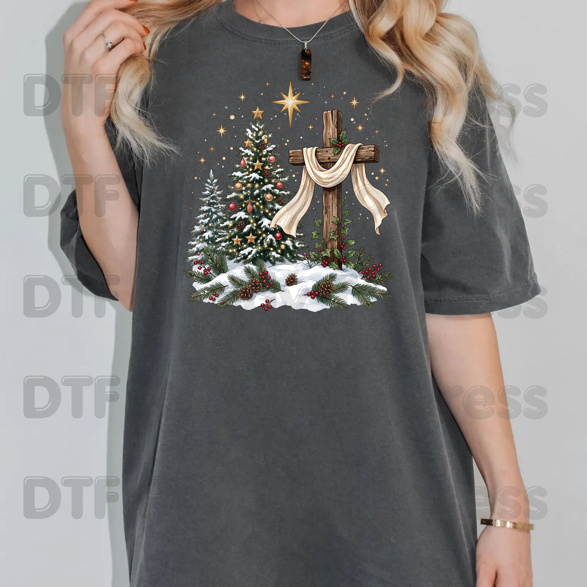 Christmas DTF Transfer, Christian Wooden Cross Star Christmas Tree Graphic