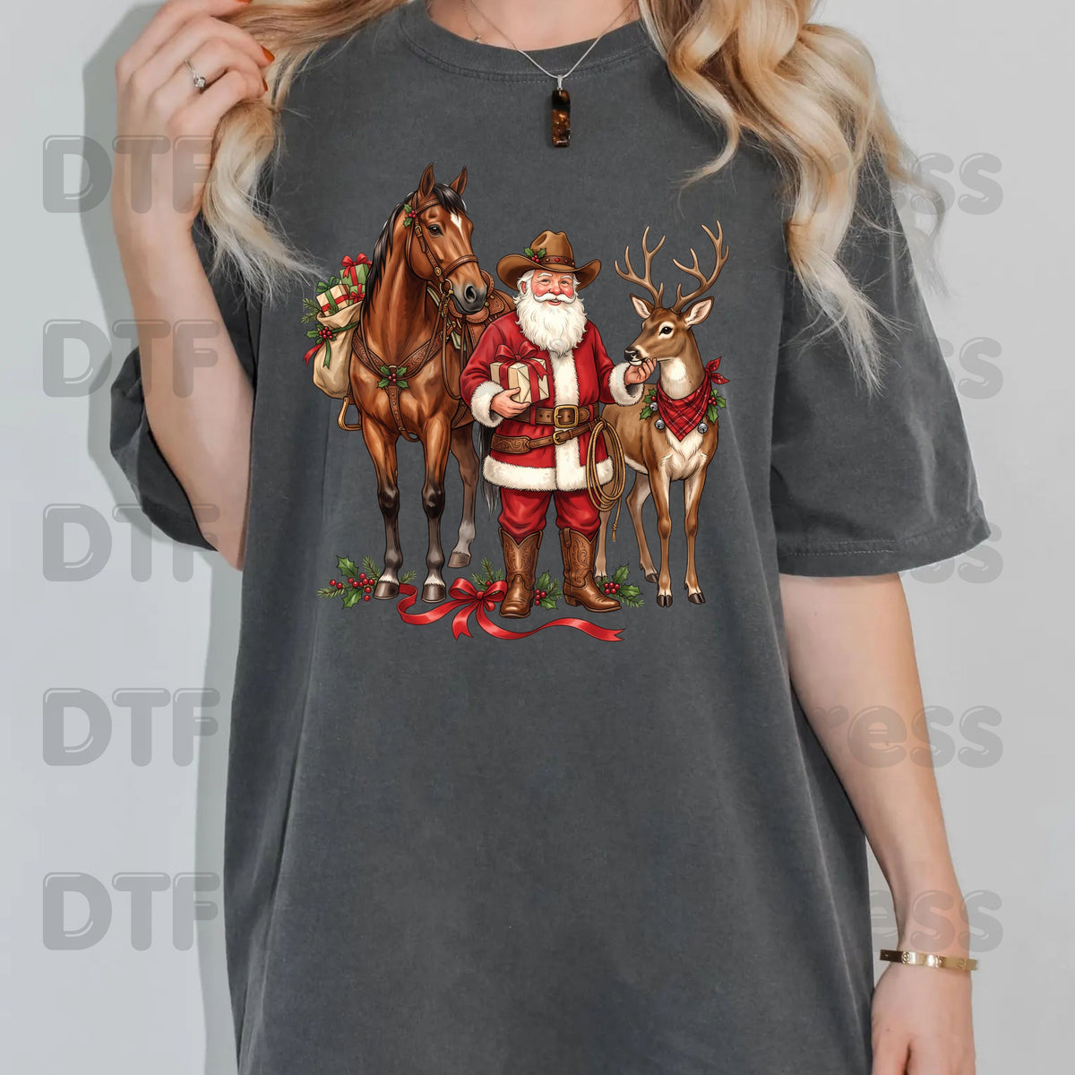 Christmas DTF Transfer, Cowboy Santa with Horse and Reindeer, Western Holiday Graphic