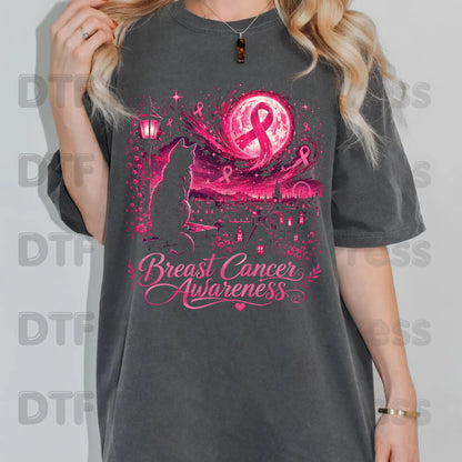 Pink Cat Moon Breast Cancer Awareness DTF Transfer Ready to Press Heat Transfer Tee