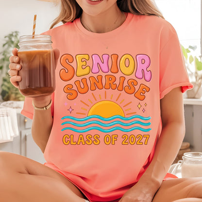 Senior Sunrise Class of 2027 DTF Transfer Ready to Press Graduation Heat Transfer for Shirts Retro Sun Waves Bubble Font Tee