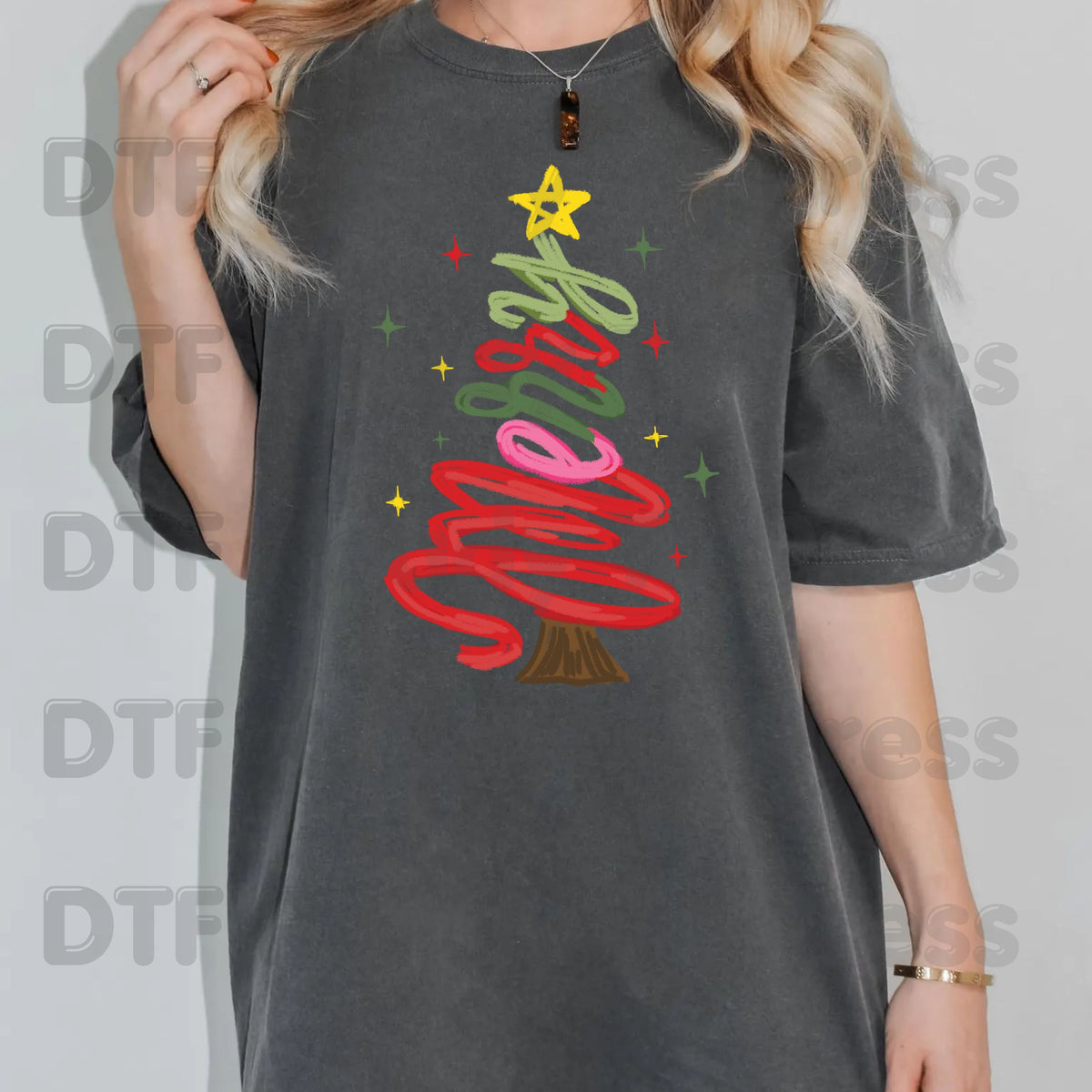 Christmas DTF Transfer, Merry Christmas Tree Script, Sparkles