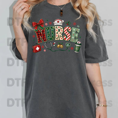 Christmas Nurse DTF Transfers, Medical Nursing Plaid Stethoscope Bow Holiday Ready to Press