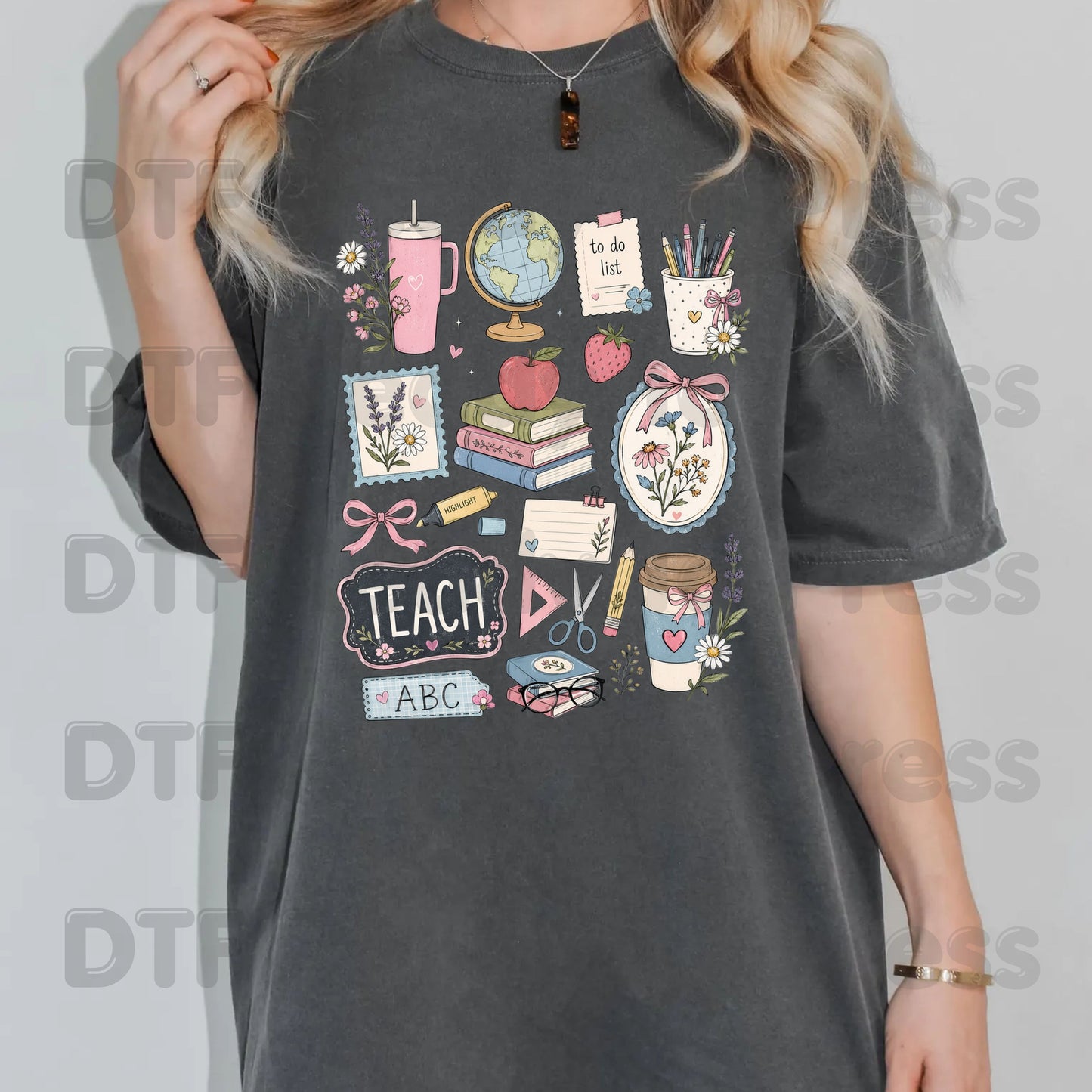 Cute Teacher Supplies DTF Transfers, Coquette Aesthetic Books Coffee Globe Teach Pink Bows Back to School Ready to Press